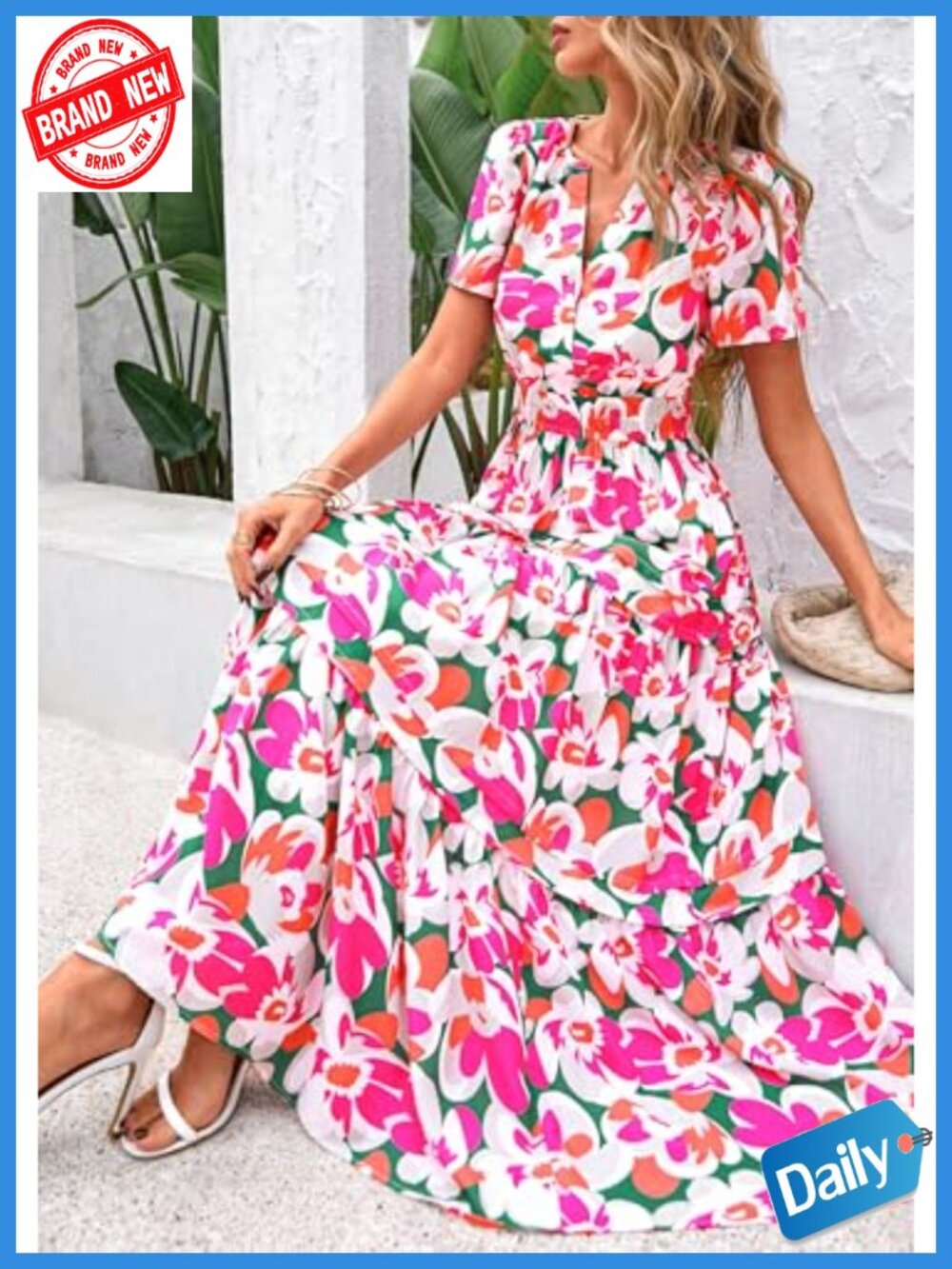 Women's Boho Floral Maxi Dress Tiered A-Line Elastic Waist with Pockets - Picture 4 of 6